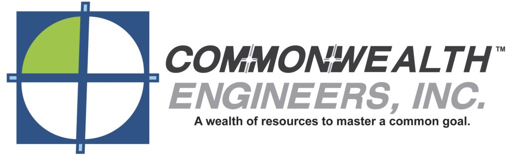 Logo of Commonwealth Engineers, Inc., featuring a blue and green compass design, representing engineering and precision services.