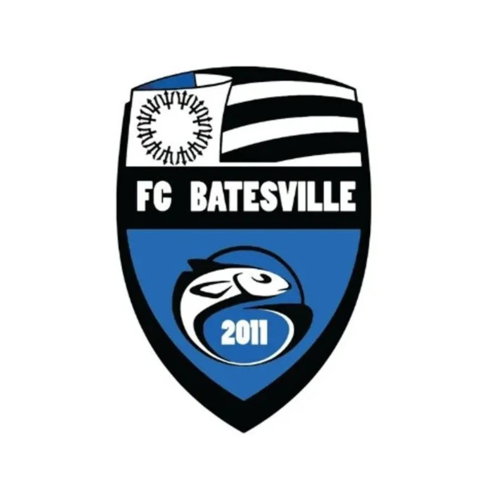 Highly detailed logo of FC Batesville, showcasing sports team emblem with bold black, white, and blue colors, fish graphic, and athletic design elements.