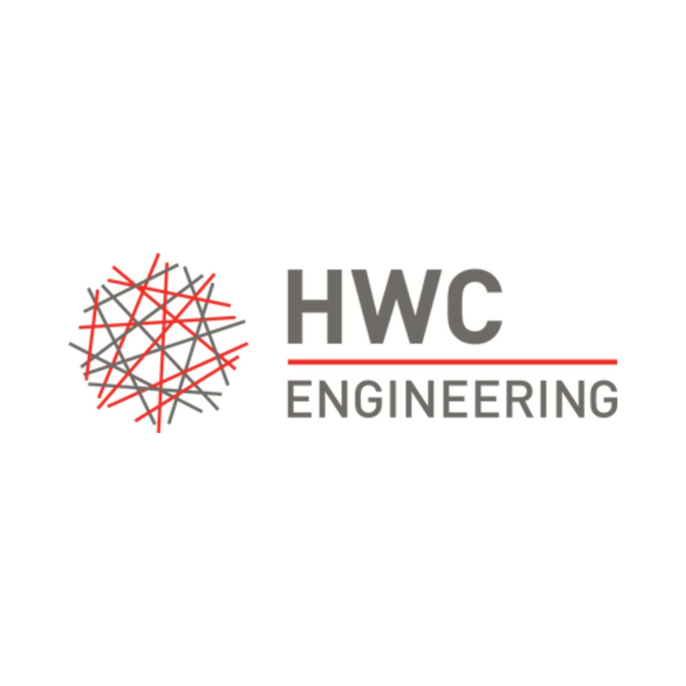 Colorful industrial engineering logo with a network design and bold text emphasizing HWC Engineering.