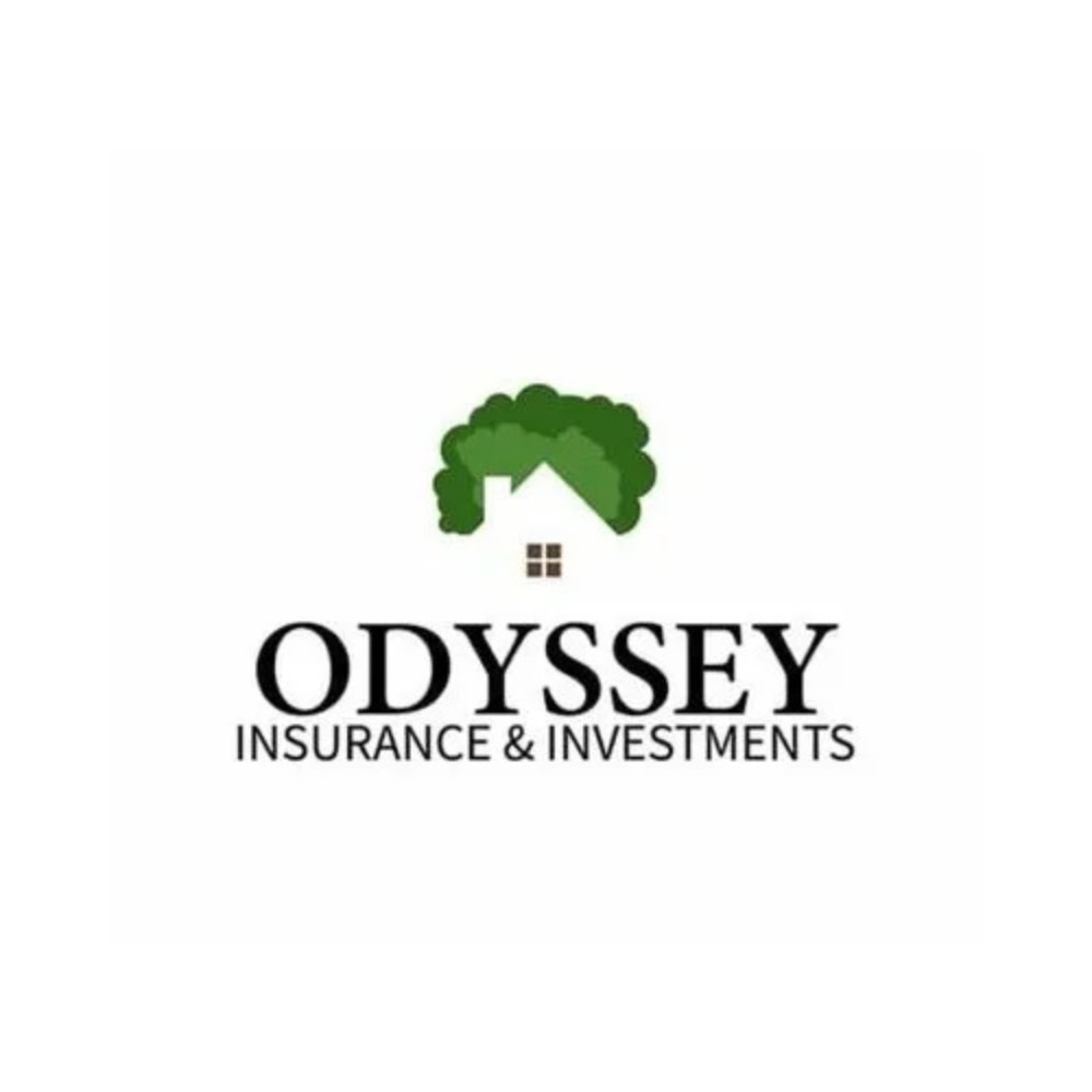 Modern logo of Odyssey Insurance & Investments featuring a house with a green tree roof, emphasizing comprehensive insurance and investment services.