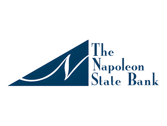 Logo of The Napoleon State Bank, representing Batesville Main Street, featuring a stylized blue mountain and wave design.