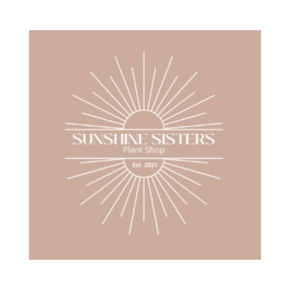 Bright pink sunburst logo with white text for Sunshine Sisters Plant Shop, established 2021, on beige background, representing a local, women-owned plant shop in Batesville Main Street.