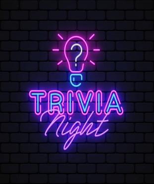 Bright neon sign featuring a question mark and the words "Trivia Night" against a dark brick wall, perfect for event promotions.