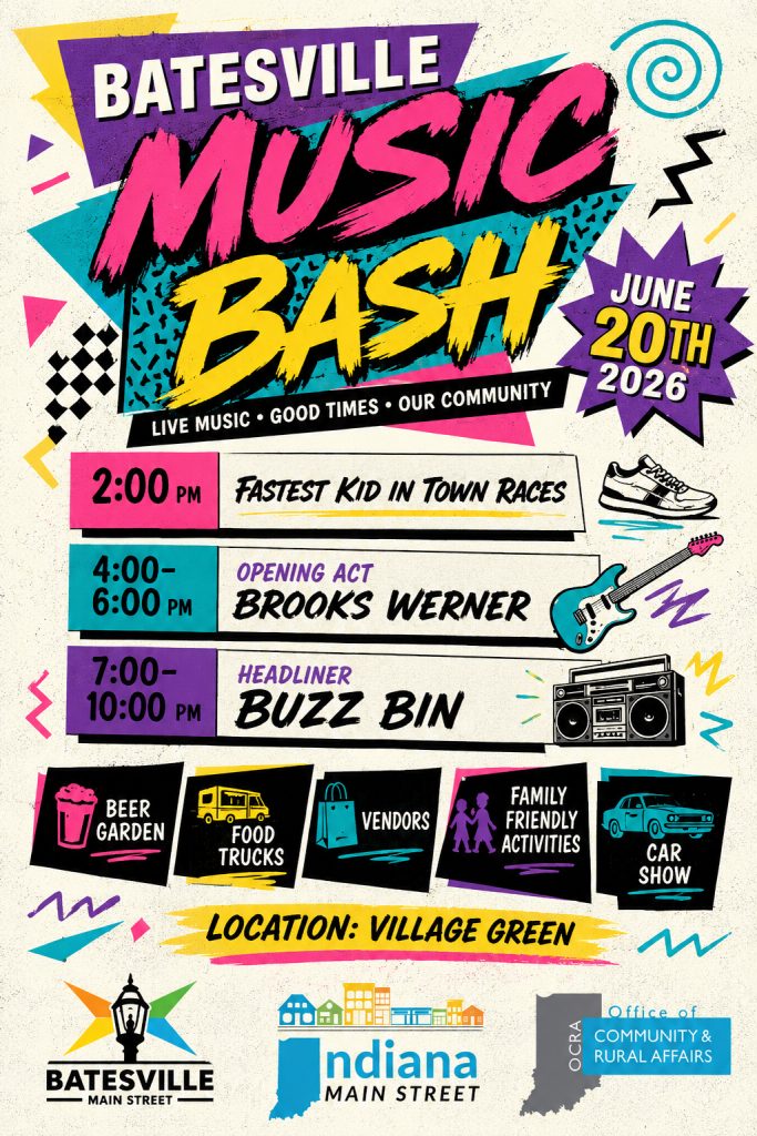 Vibrant poster promoting the Batesville Music Bash event with schedule and activities.
